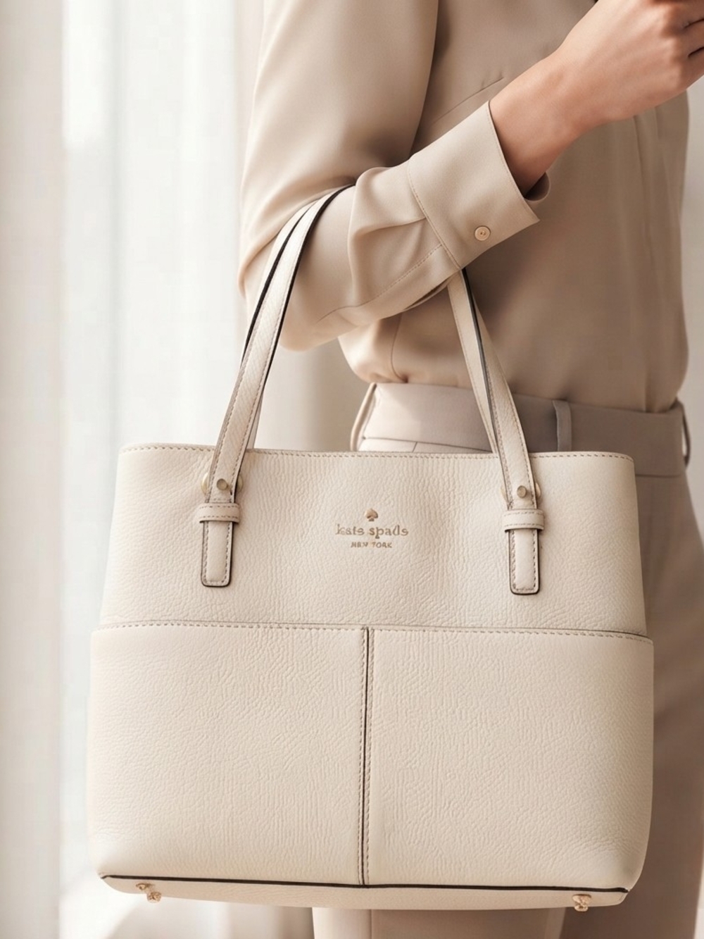 ​Kate Spade New York Cream Leather Tote Tote Bag Purse Multi Pocket